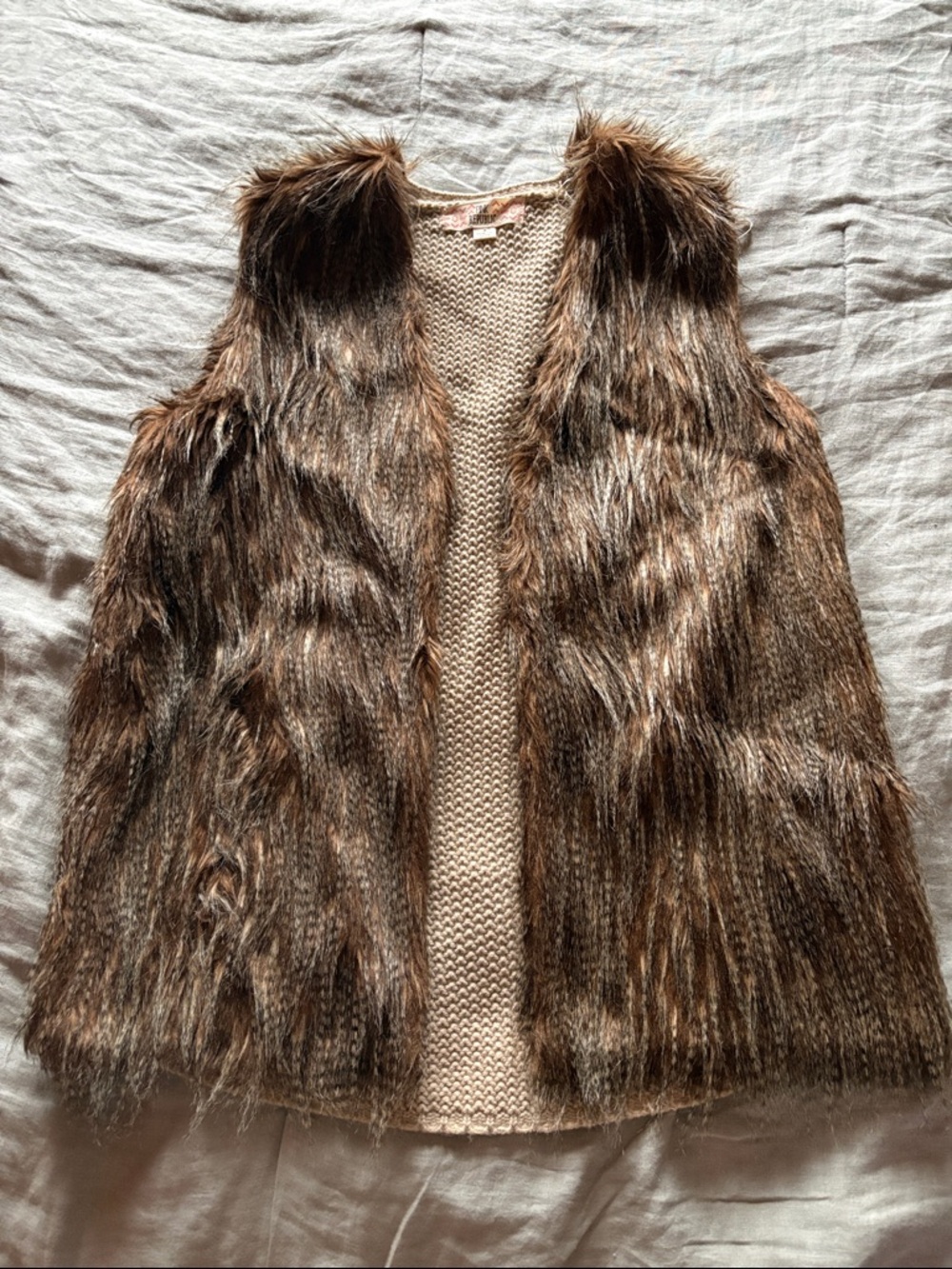 Pink Republic Cream Knit Vest with Brown Faux Fur Trim
